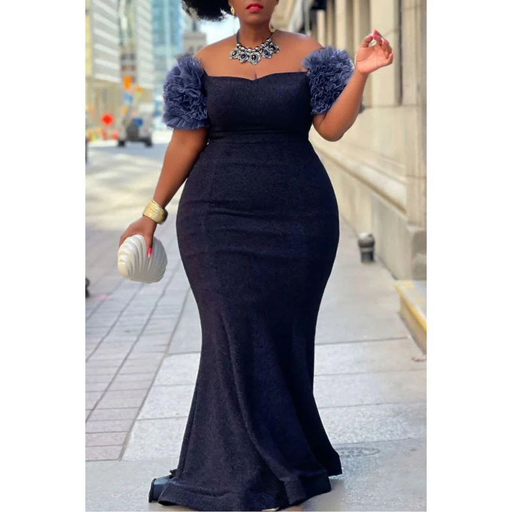  Plus Size Off Shoulder Ruffle Sleeve Bodycon Maxi Dress