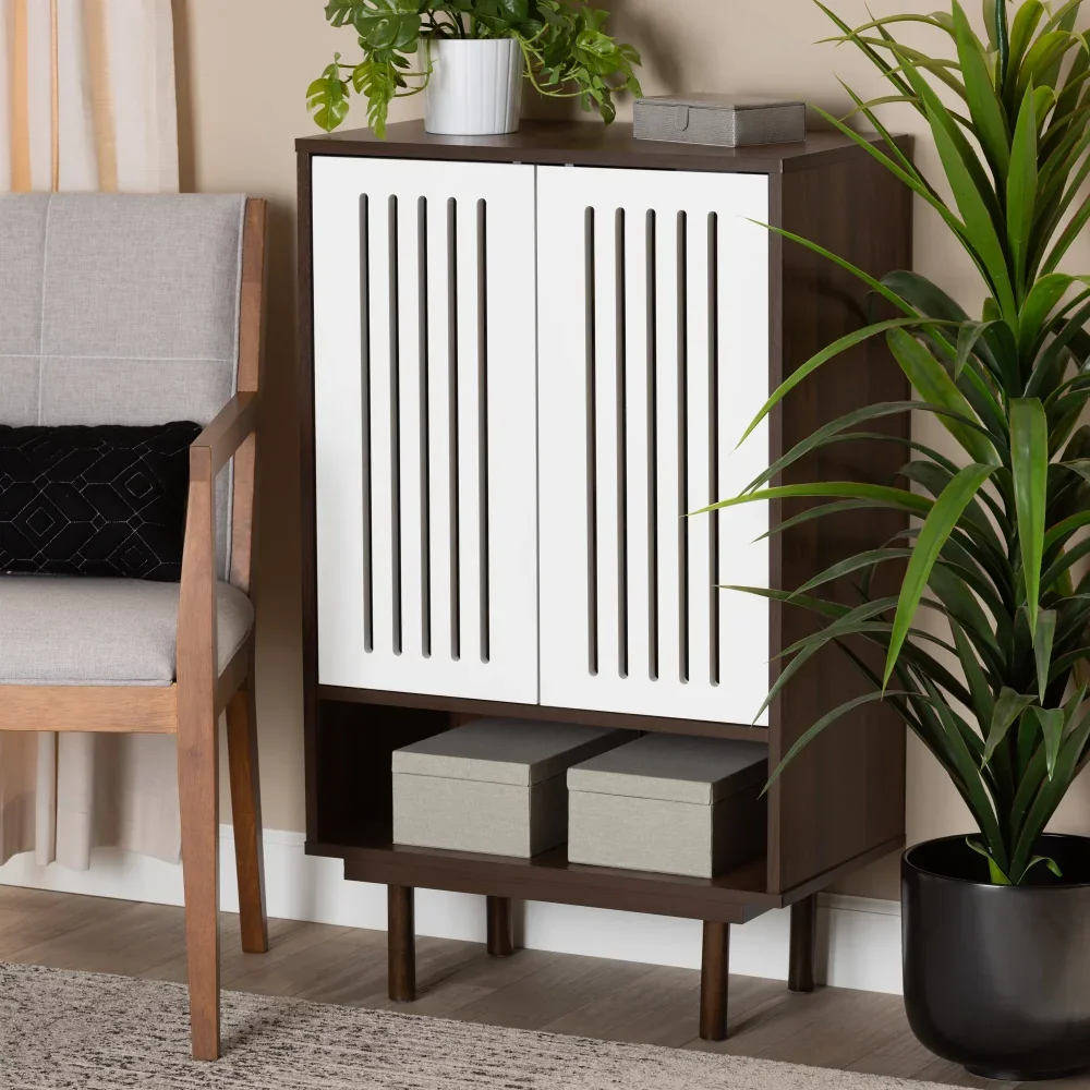 

Modern Two-Tone Walnut Brown and White Finished Wood 2-Door Shoe Cabinet
