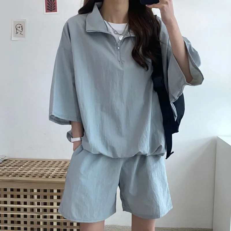 Short sleeve Shorts Women clothes Two-piece Set Plus size Turtleneck Zip-up Spring Summer Fashion Casual Sweatshirt Set Loose women shirt shorts set
