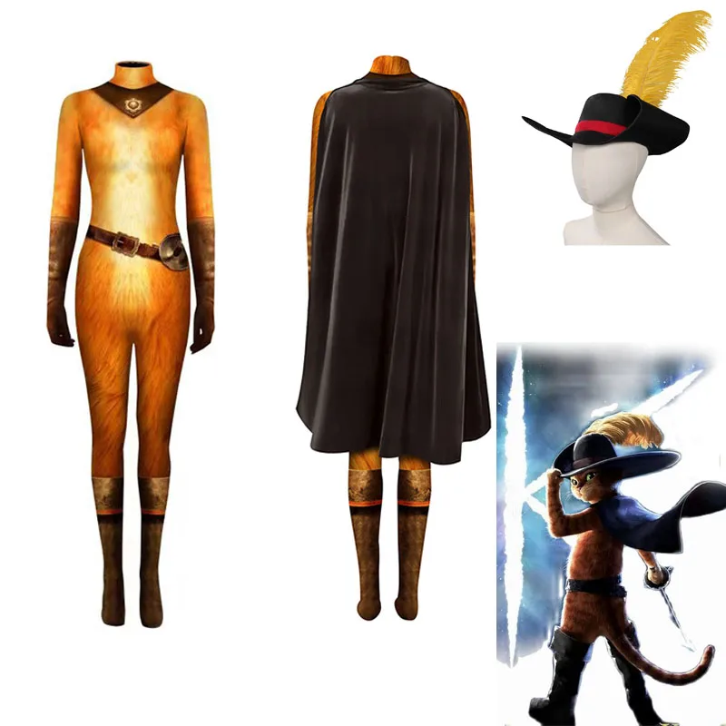 Bambini Adulti Puss In Boots Puss Costume Per Bambini Cosplay Tuta Mantello Cappello Abiti Halloween Carnival Suit