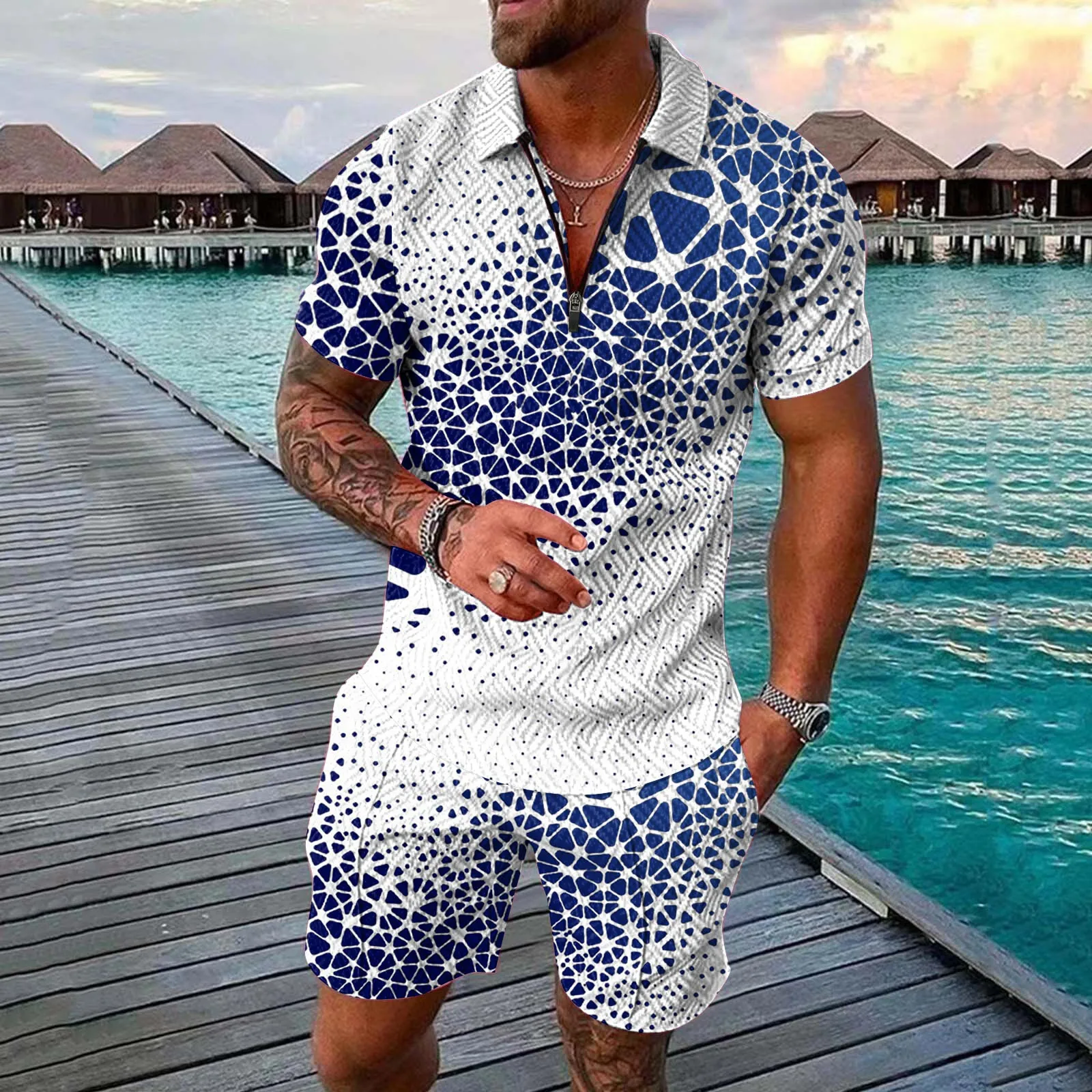 

Mens Fashion Casual Printing Zipper Drawstring Lapel Shirt And Shorts Two Piece Suit Shorts Zipper Turn Down Blouse Short Sleeve