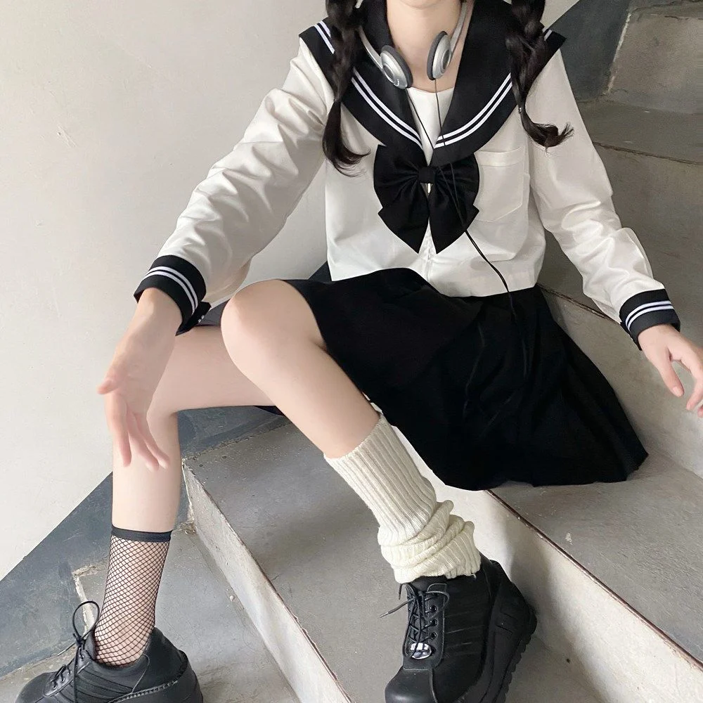 

Japanese School Uniform Girls Plus Size Jk Suit Black Tie White Three Basic Sailor Uniform Women Long Sleeve Suit