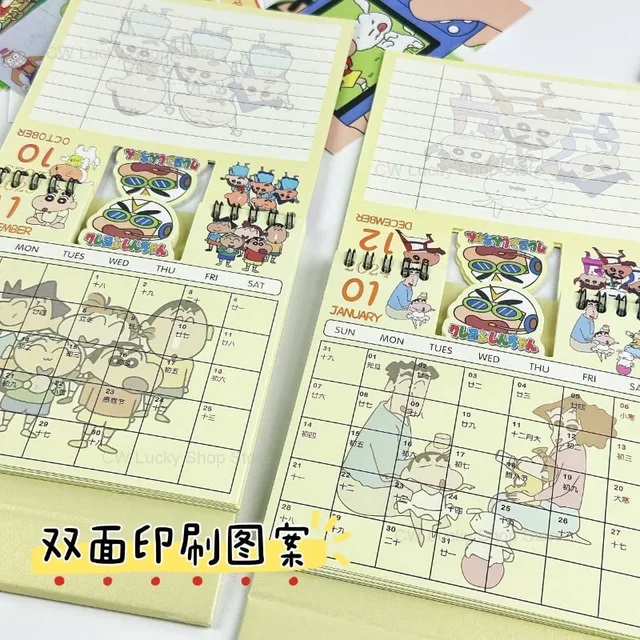 크레용 짱구 캐릭터가 장식된 사랑스러운 책상 달력으로 매일 새로운 즐거움을 선사합니다.