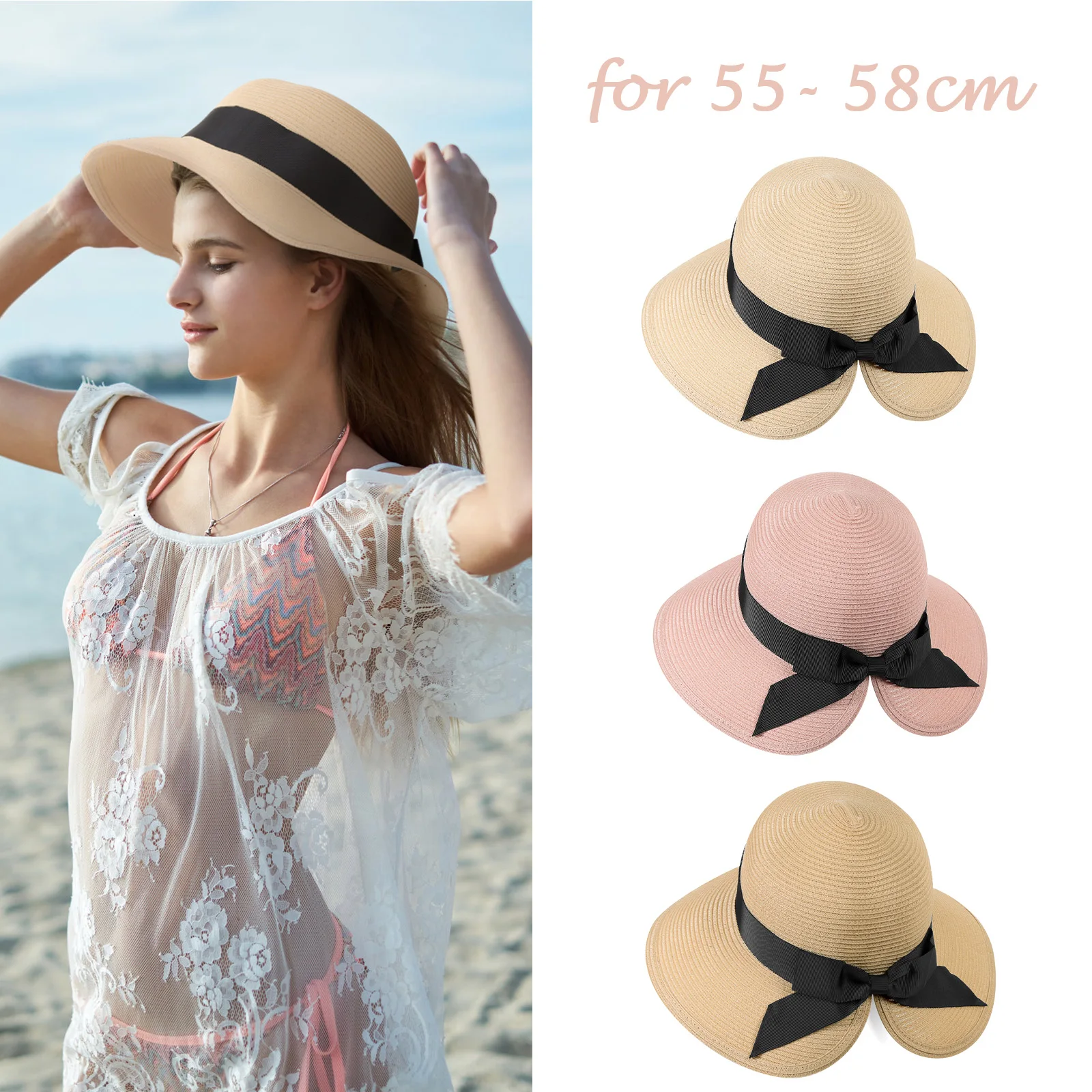 

2023 Women's Sun Hat Summer Beach Big Eave Bow Shade Hat