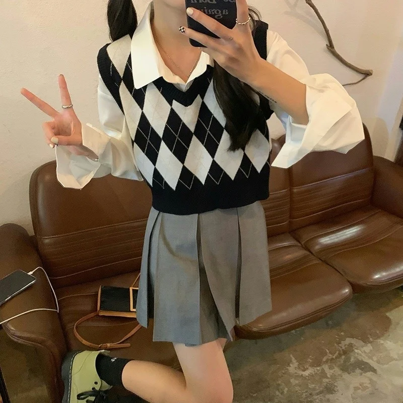 Vintage V-neck Plaid Sweater Vest Women Autumn Winter Vintage Knit Sweaters Pullover Loose Korean Knitwear Tops Pull Femme