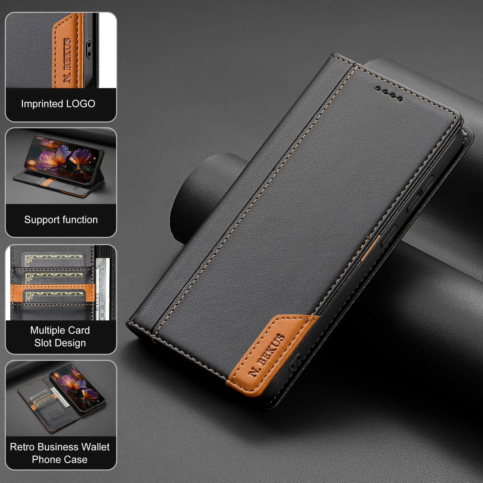 Luxury RFID Magnetic Leather Wallet Phone Case with Card Slots and Stand Feature
