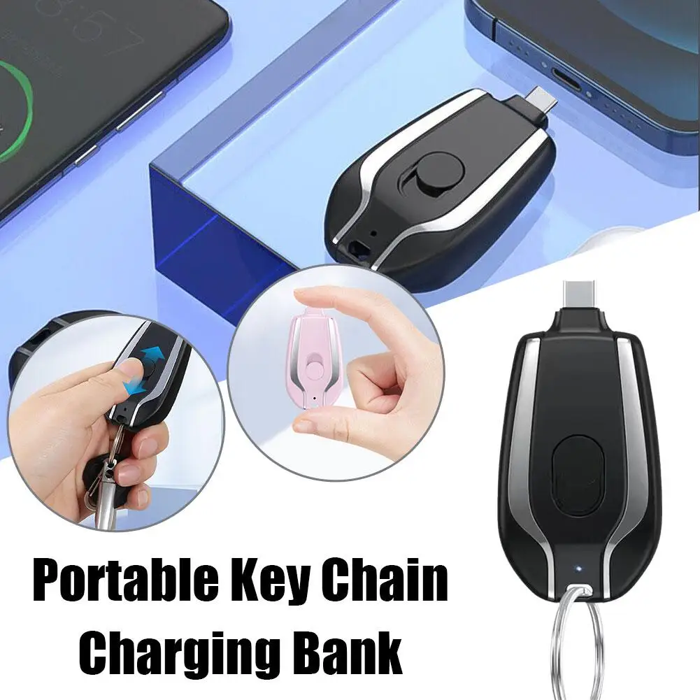 iPhone Android Type C USB Mobile Phone Portable Emergency Keychain Charger with 1500mAh Battery Mini Power Bank Keychain for