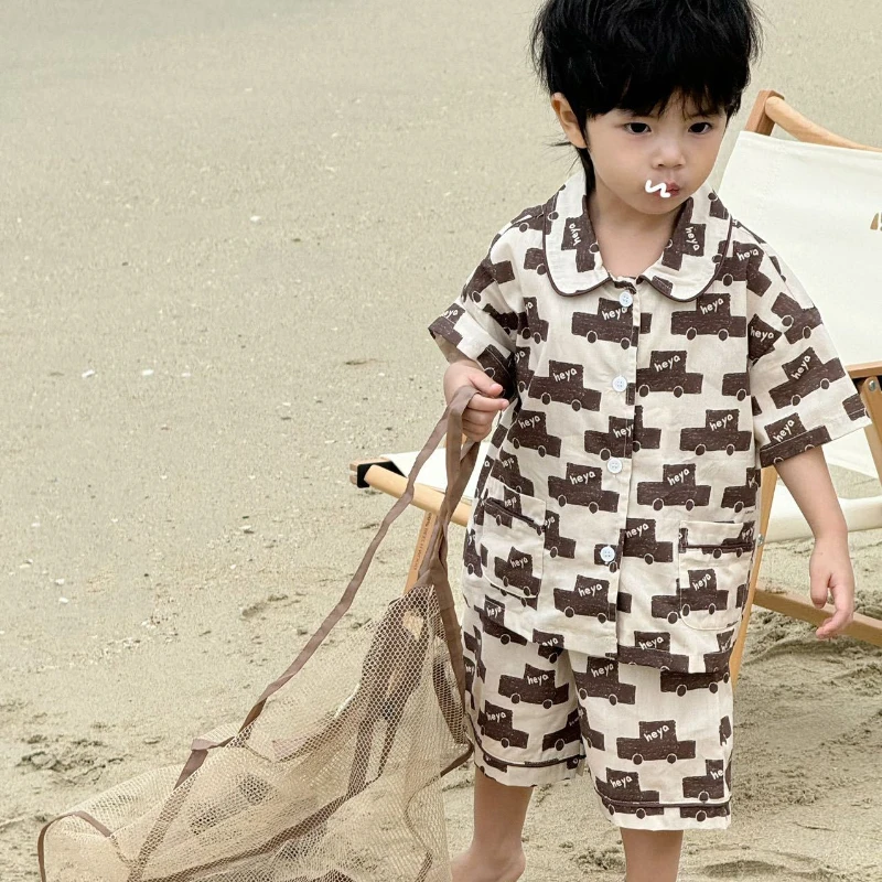 

Детские пижамные комплекты, хлопковая летняя домашняя одежда для мальчиков с мультяшным рисунком, Детский Повседневный пижамный комплект с коротким рукавом, одежда для сна, 2024