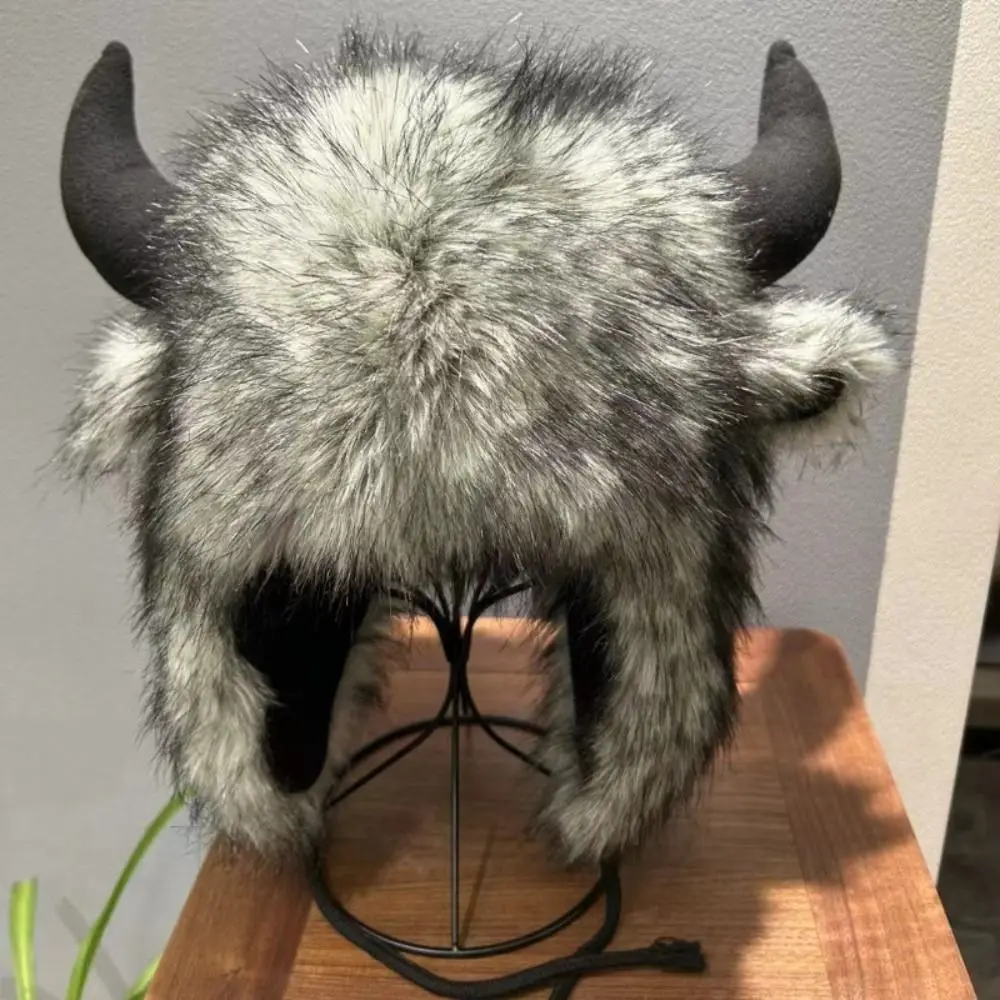 High Quality Unisex Bullhead Hat with Horns Thick Earflap Hat Windproof Fluffy Cotton Hat