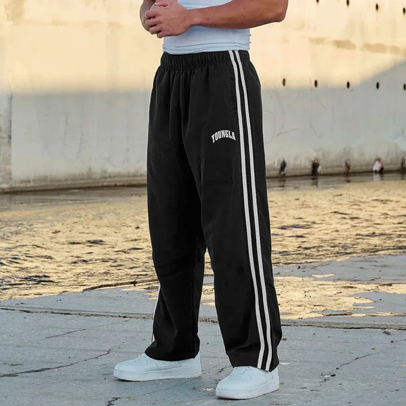 Men's sports pants with double striped patchwork printed casual runner mid waist straight leg pants 2