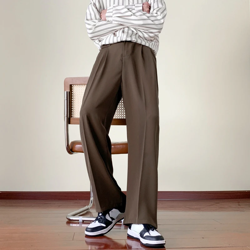 Men Pants Japanese Vintage Drape Pants Men Spring Summer Korean Coffee Color Suit Pants Loose Straight Casual Button Trousers S-3XL