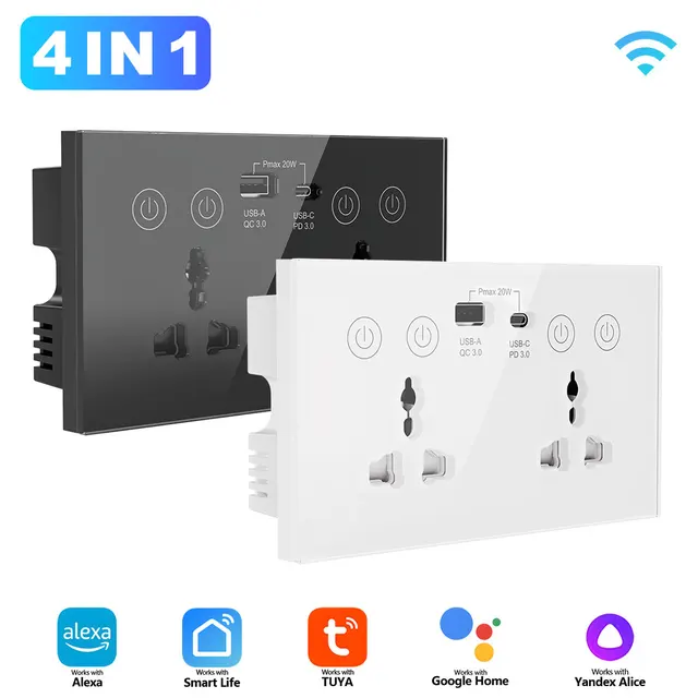 Tuya Smart Socket 2 AC Outlets + 1 Type-C + 1 USB WiFi Remote Control Timer Function Compatible with Smart Life App Black/White