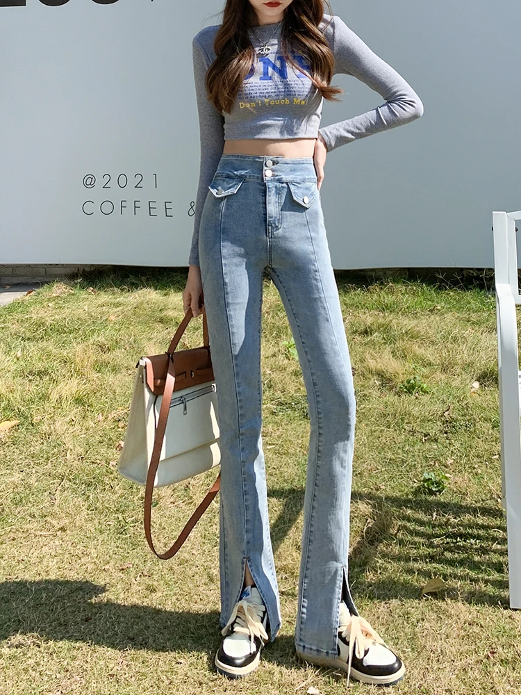 High Waist Double Breasted Jeans For Women Summer Split Flare Denim Pants Skinny Full Length Jean Trousers Female 0816 paige jeans