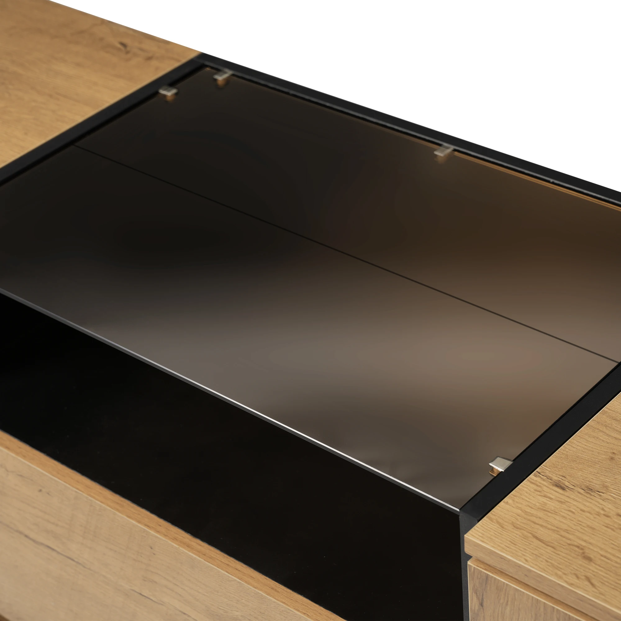 Eichen-Sideboard mit 2 Schubladen, 2 verstellbaren Schränken und offenem Fach – ESG-Glas & schwarze Griffe, H70/B140/T40 cm. – Detail 22
