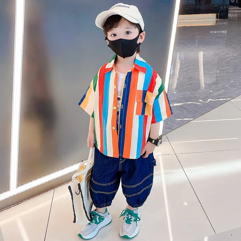 

2023 Summer Boys Cute Stripe Print Short Sleeve Blouse and Ankle Length Jeans Shorts
