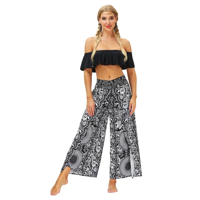 Ethnic Style Casual Sport Wide Leg Pants Summer Women Digital Printing Thin High Waist Loose Pants Gym All-Match Split Trousers