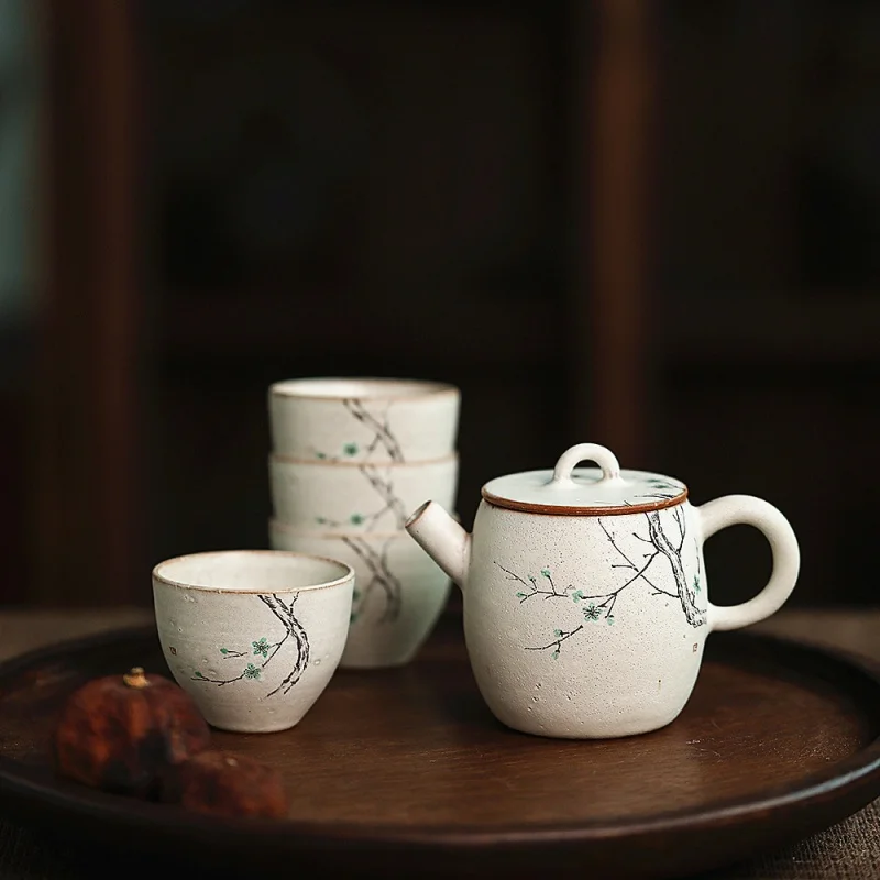 

★Jingdezhen Japanese Handmade Powder Hand Painted Pastel Teapot Set Kung Fu Tea Teaware Gaiwan Pot Tray Tea-Soaked Crack