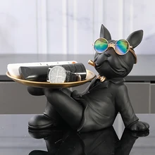 

Cool French Bulldog Statue with Glasses Holder Metal Tray for Keys foods Storage Anime Figurine Craft Ornament Resin Decor Gift