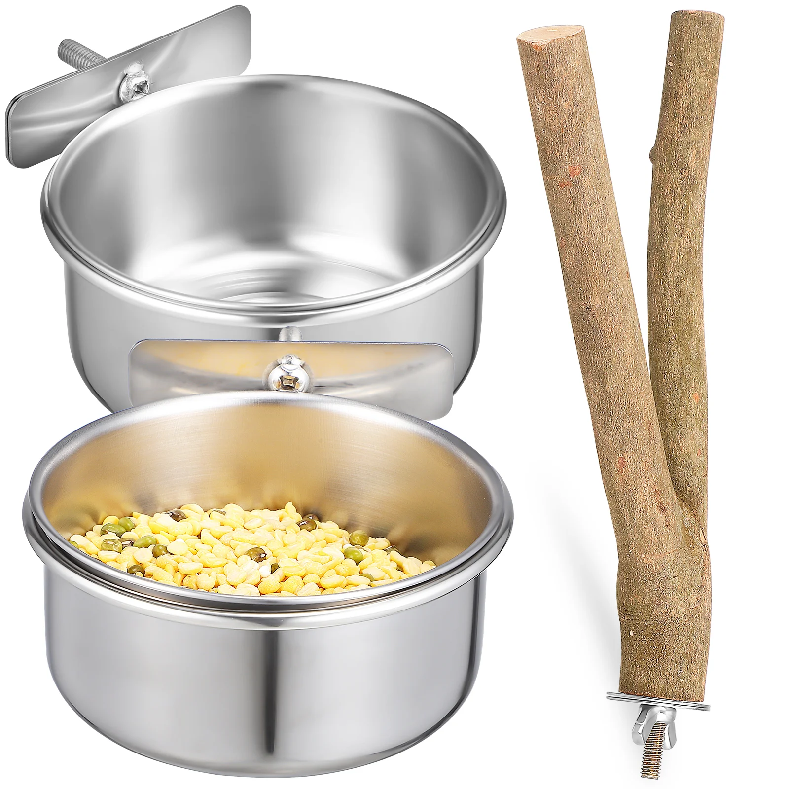 

2Pcs Bird Feeding Dish Cups Stainless Steel Food Water Bowls with Stand Stick for Parrot Cockatiel