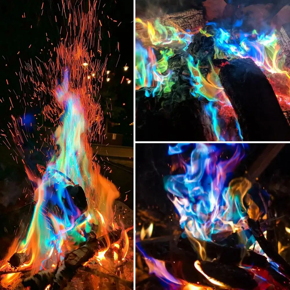 Poudre de flammes changeantes de couleur, 50g, noël, Halloween, feu  magique, coloré, Camping, pique-nique, feu de camp