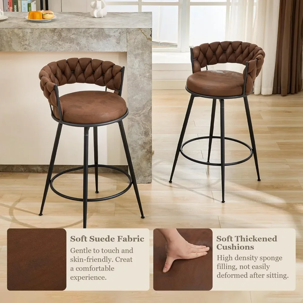 Swivel Bar Stools, Modern Counter Height Bar Stools with Woven Back, Upholstered Suede Tall Barstools for Kitchen Island