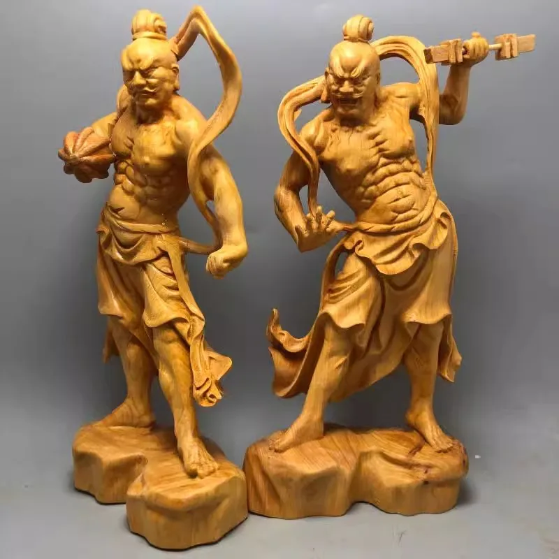 Natural Solid Wood Grand Marshal Marshals Hum Ha Two Will Door God Statue Hand-Carved Home Room Office Decor Figure Statue Suit