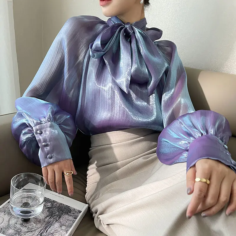 

2023 Autumn Vintage Satin Silk Shirt Women Fashion Blouse Elegant Turn Down Collar Female Blouse White Long Sleeve Shirts Tops