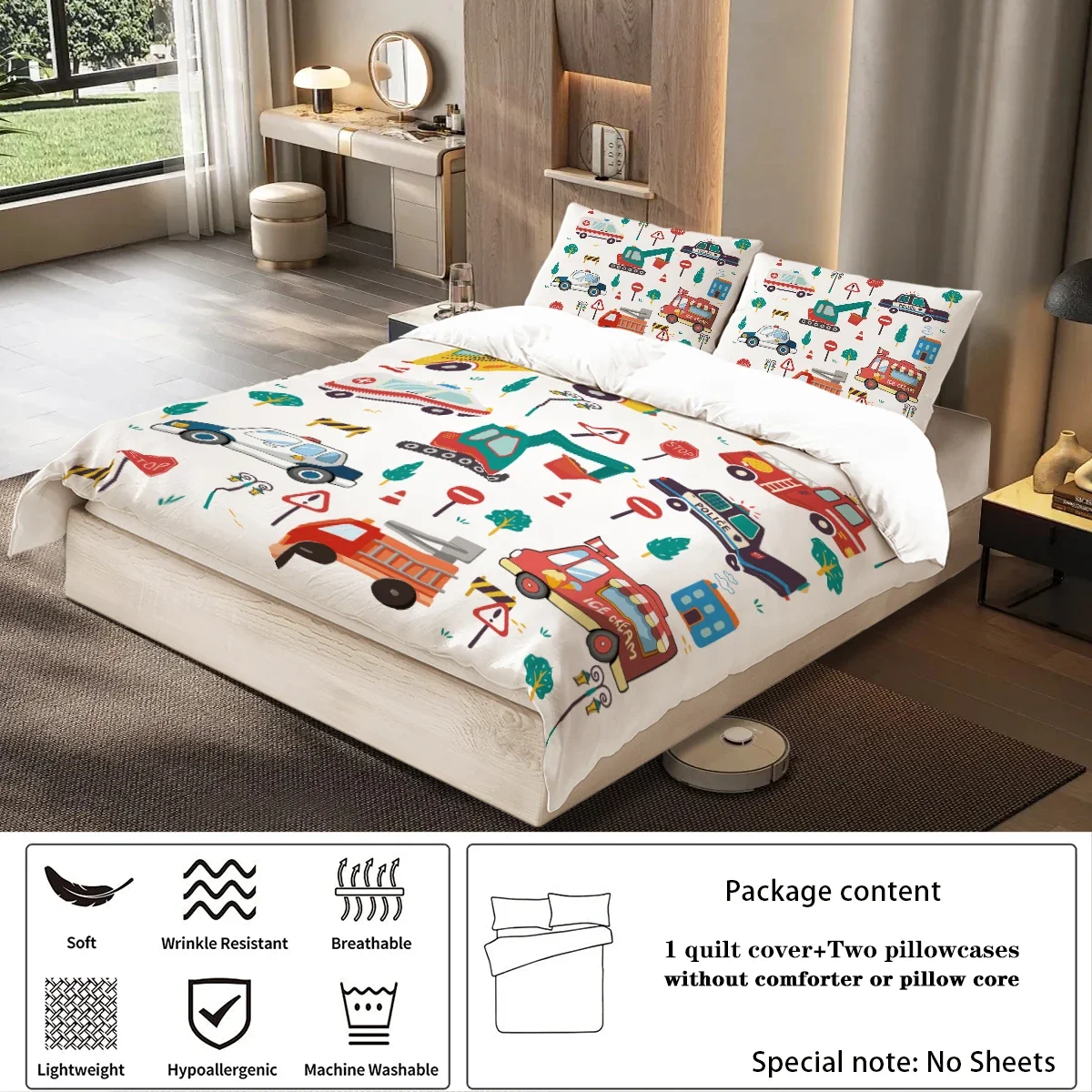 3-piece cartoon cute car pattern print (1 duvet cover+2 pillowcases, no core) soft and comfortable bedding set