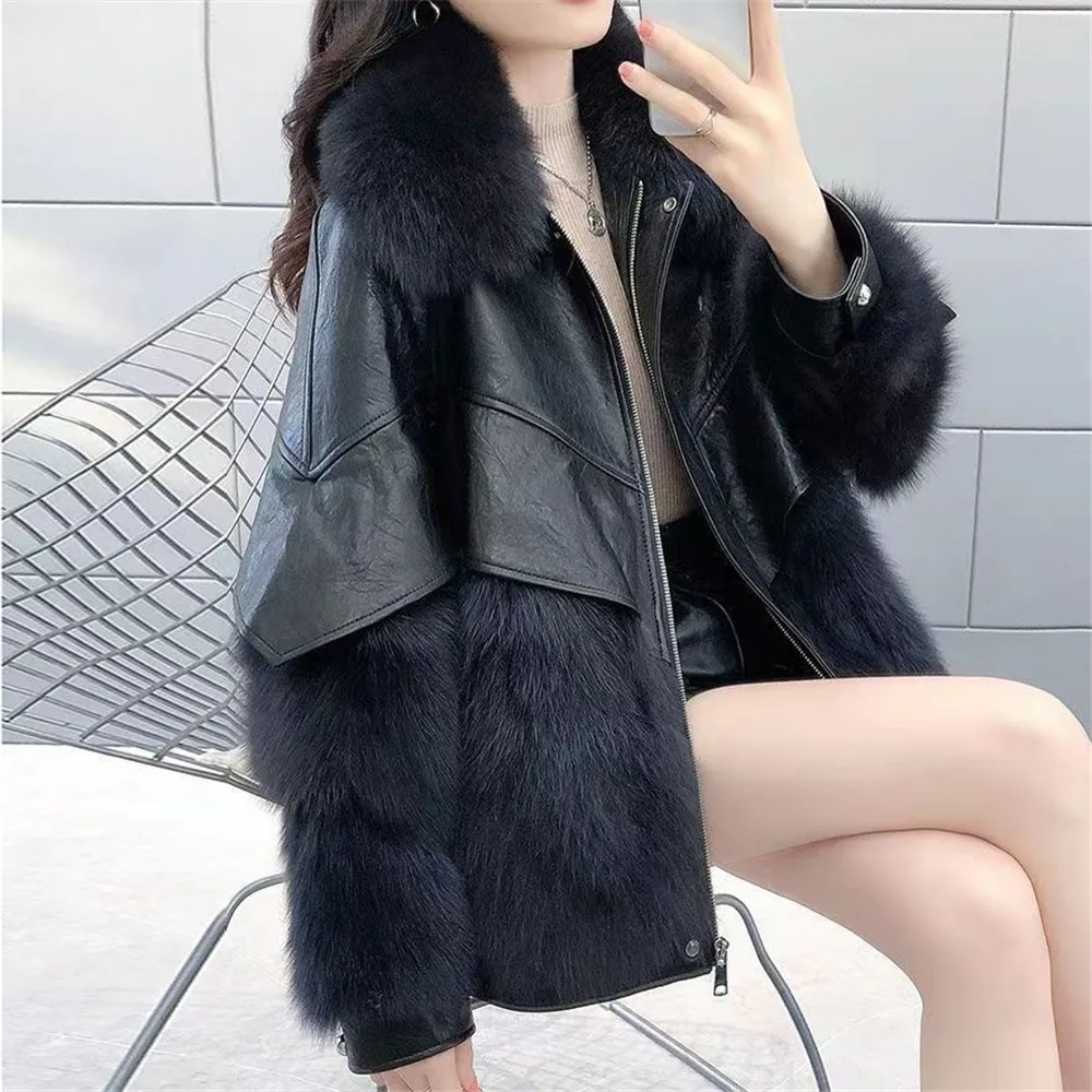 Women'S PU Leather Loose Coat, Faux Fox Hair, Splice, Mid-Length, Thickened, Warm, Fashion, New, Winter, 2024