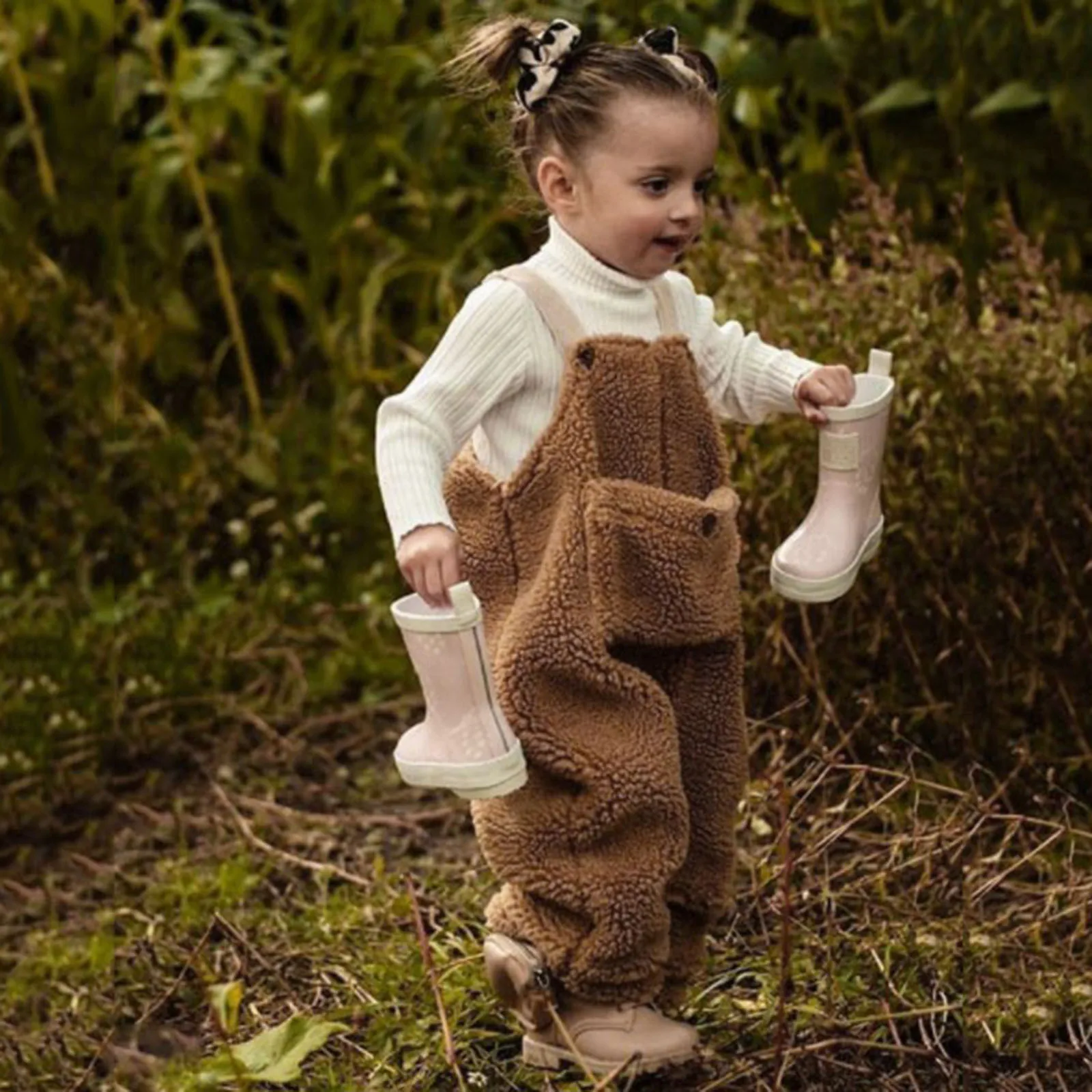 Autumn Winter Kids Girls Warm Plush Overalls Toddler Baby Solid Strapless Button Loose Pocket Fleece Suspender Trousers