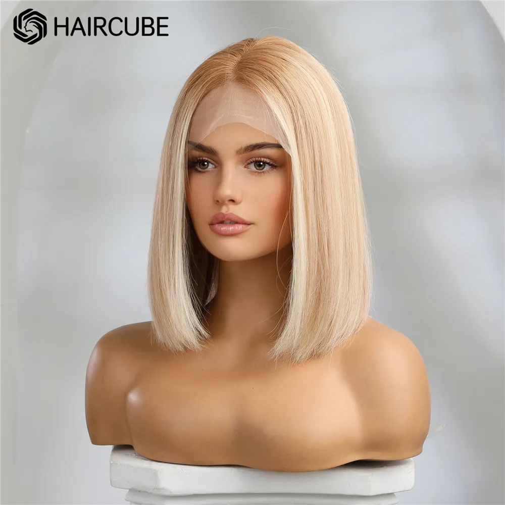 HAIRCUBE Bayalage Honey Blonde Human Hair Wigs for Women 13×5×1 Lace Front Wig Lob Hairstyle Middle Part Bob Remy Human Hair Wig