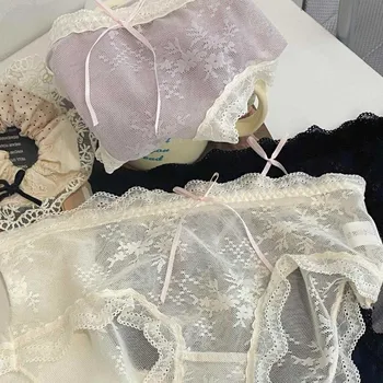 Slip in pizzo a vita media sottile con fiocco trasparente in rete, intimo da donna in cotone, per l'estate
