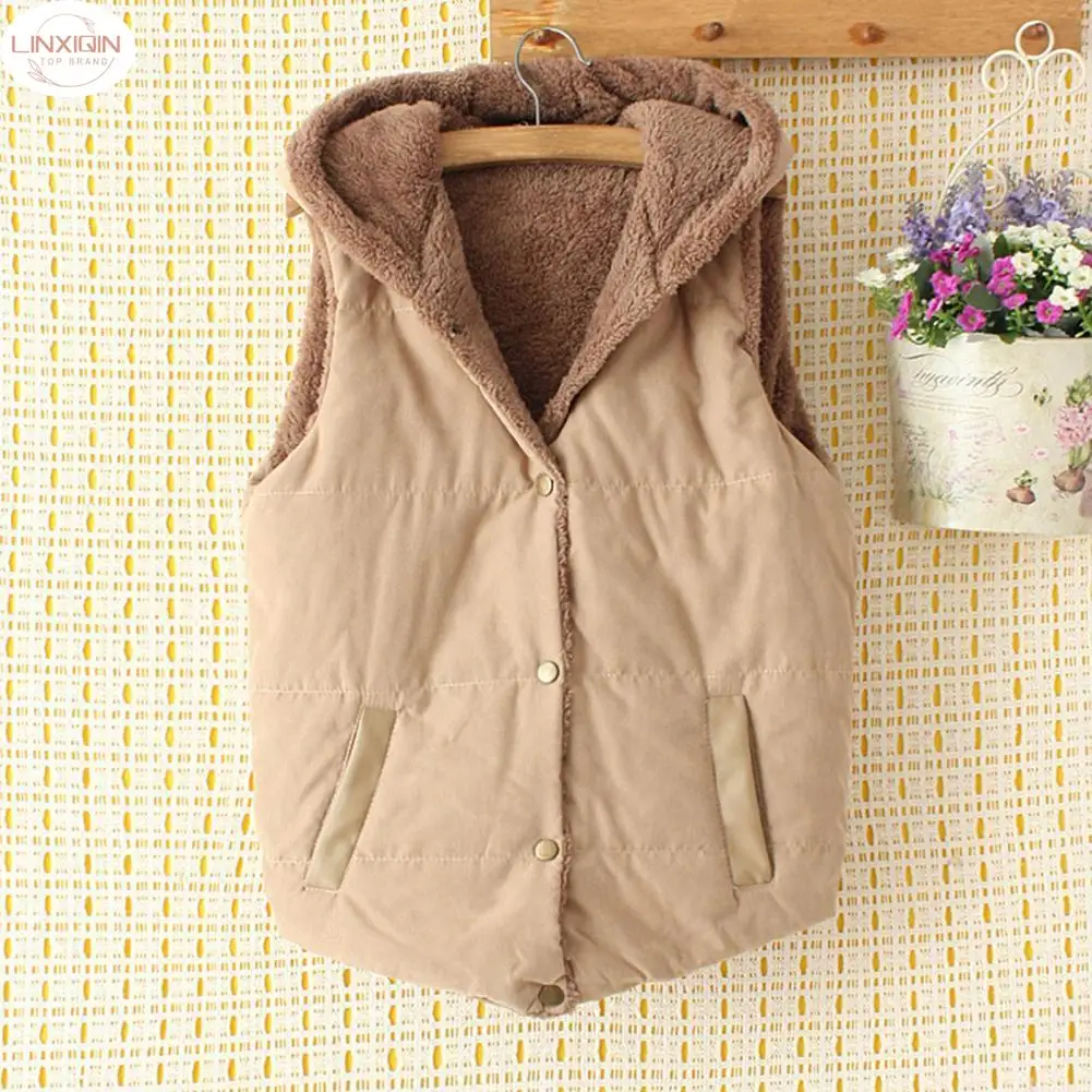 

LINXIQIN Winter Cashmere Vest Women Hooded Thick Sleeveless Jacket Casual Loose Padde Vest Solid Warm Waistcoat With Pocket