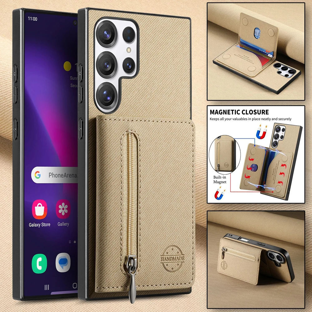 Zippered Leather Wallet Phone Case with Card Holder and Stand