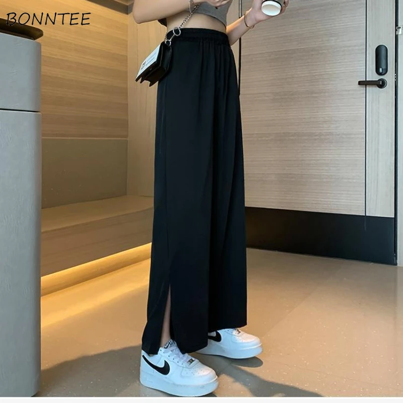 

Wide-leg Pants Women Korean Fashion Solid Chic Side-slit All-match Simple Ankle-length Trousers Casual Daily Baggy Cozy Spring