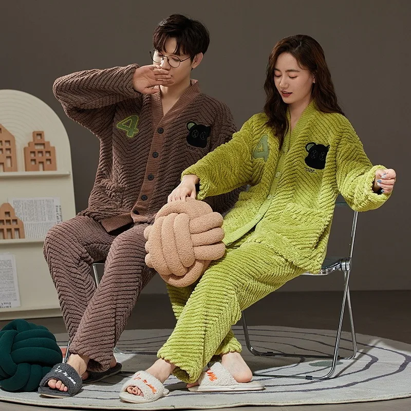New Flannel Couple Sleepwear Warm Men Women Winter Pajamas Thick Fleece Pajama Sets Lovers Nightgown Homewear Kawaii Clothes