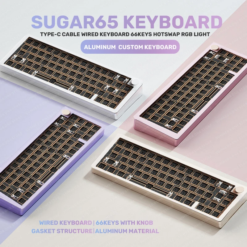 

Sugar65 Customized Aluminum Mechanical Keyboard 66Keys WiredTYPE-C Gasket Structure Keyboard Hotswap RGB Backlit Gaming Keyboard