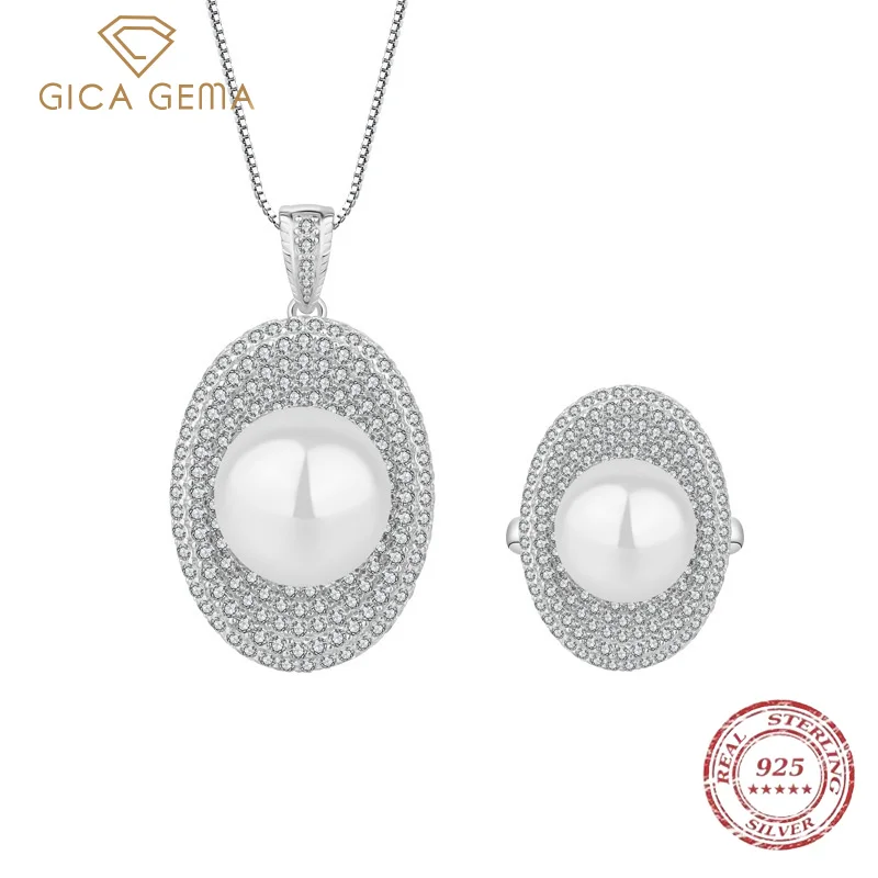 

Gica Gema Vintage 925 Sterling Silver 12MM 14MM Pearl White Gemstone Ring/Necklace Wedding Engagement Classic Jewelry Sets Gift