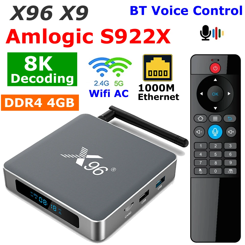 X96 X9 TV Box Amlogic S922X DDR4 4G RAM 32G ROM Android 9.0 8K Video Decoding 5G Dual Wifi 1000M Ethernet 4K Youtube Media Playe newest 1000m x98h pro smart tv box android 12 allwinner h618 quad core 4k 6k media playe dual wifi bt5 av1 64gb set top box