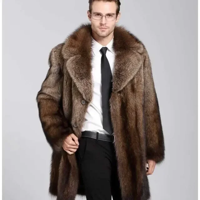 Mink Mink Coat Men's Autumn and Winter New Thick Mid-Length Padded Fur Parkas Large Size Men's High-end Casual Button Jacket 2