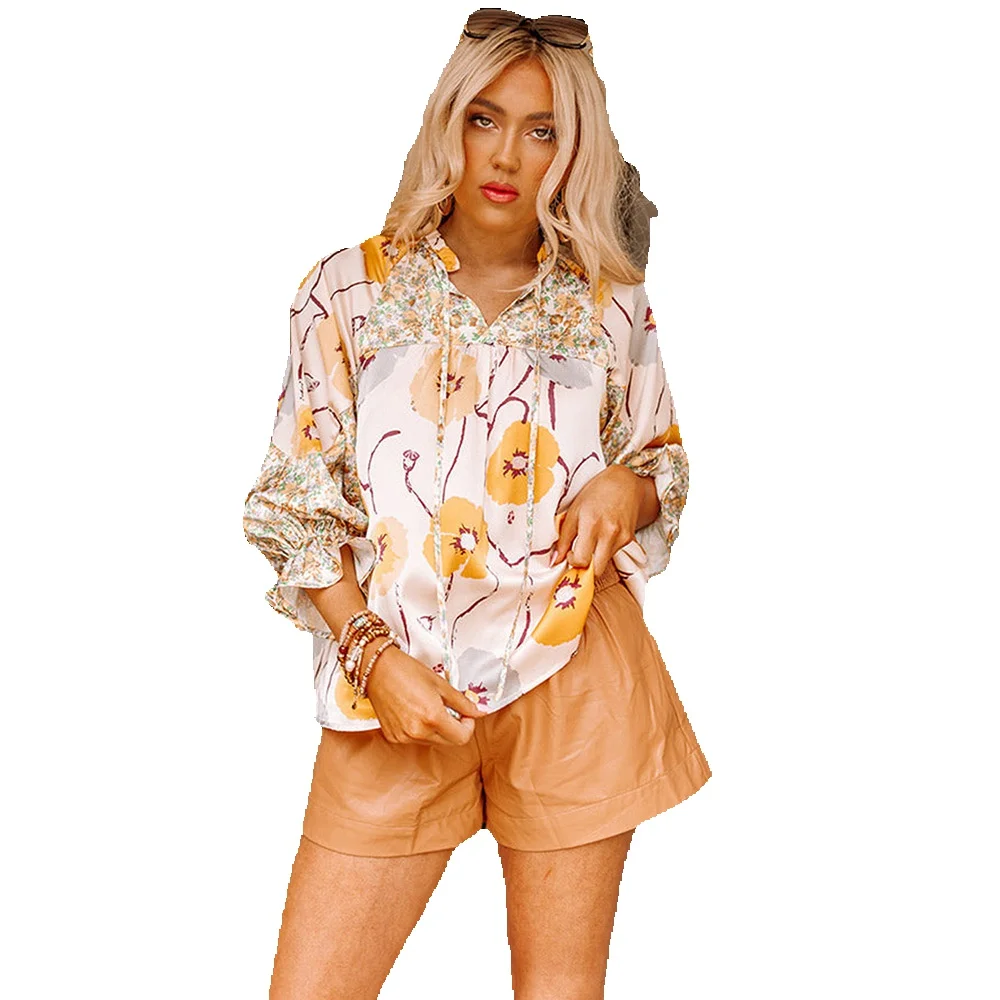 

Orange Printed Pleated Drawstring V-Neck Chiffon Shirt For Women's Casual And Versatile Long Sleeved T-Shirt 25118397