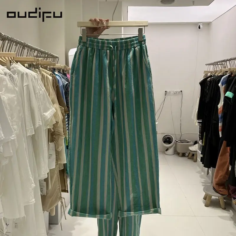 

2022 New Arrival Spring Korean Style Women Cotton Striped Ankle-length Pants Casual Loose Elastic Waist Straight Pants P599
