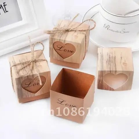 

50pcs FENGRiSE Heart Candy Box Vintage Wedding Gifts For Guests Kraft Boxes With Rustic Burlap Twine Decoration Wedding Favors