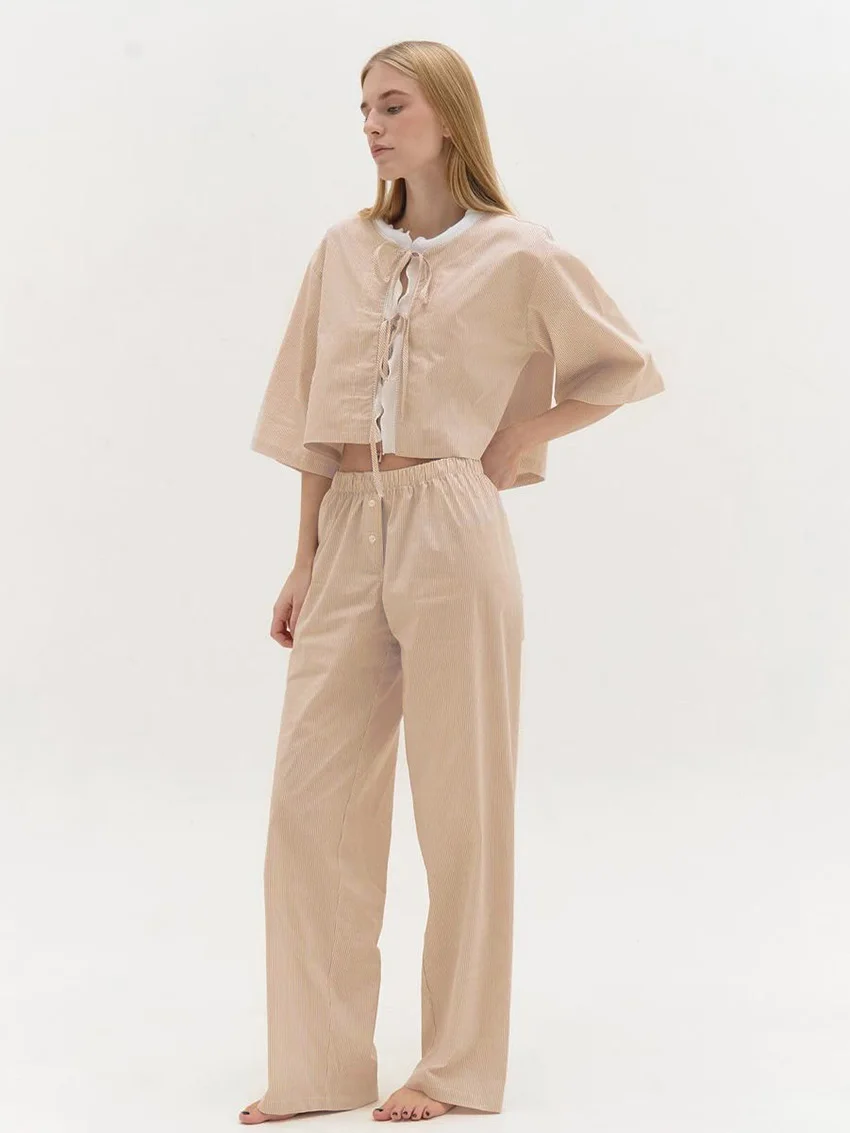 Marthaqiqi Spring Femme Pajamas Suit Long Sleeve Nightwear Crop Top Nightie Lace Up Sleepwear Half Sleeve Pyjamas Pants Homewear