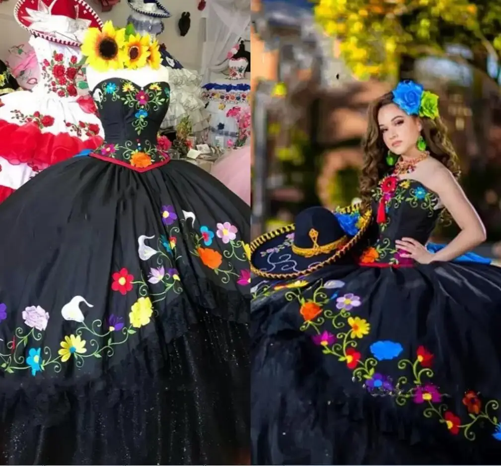 

Black Mexican Style Quinceanera Dresses Charro 2023 Flowers Embroidered Lace Layers Tulle Satin prom vestidos para xv años
