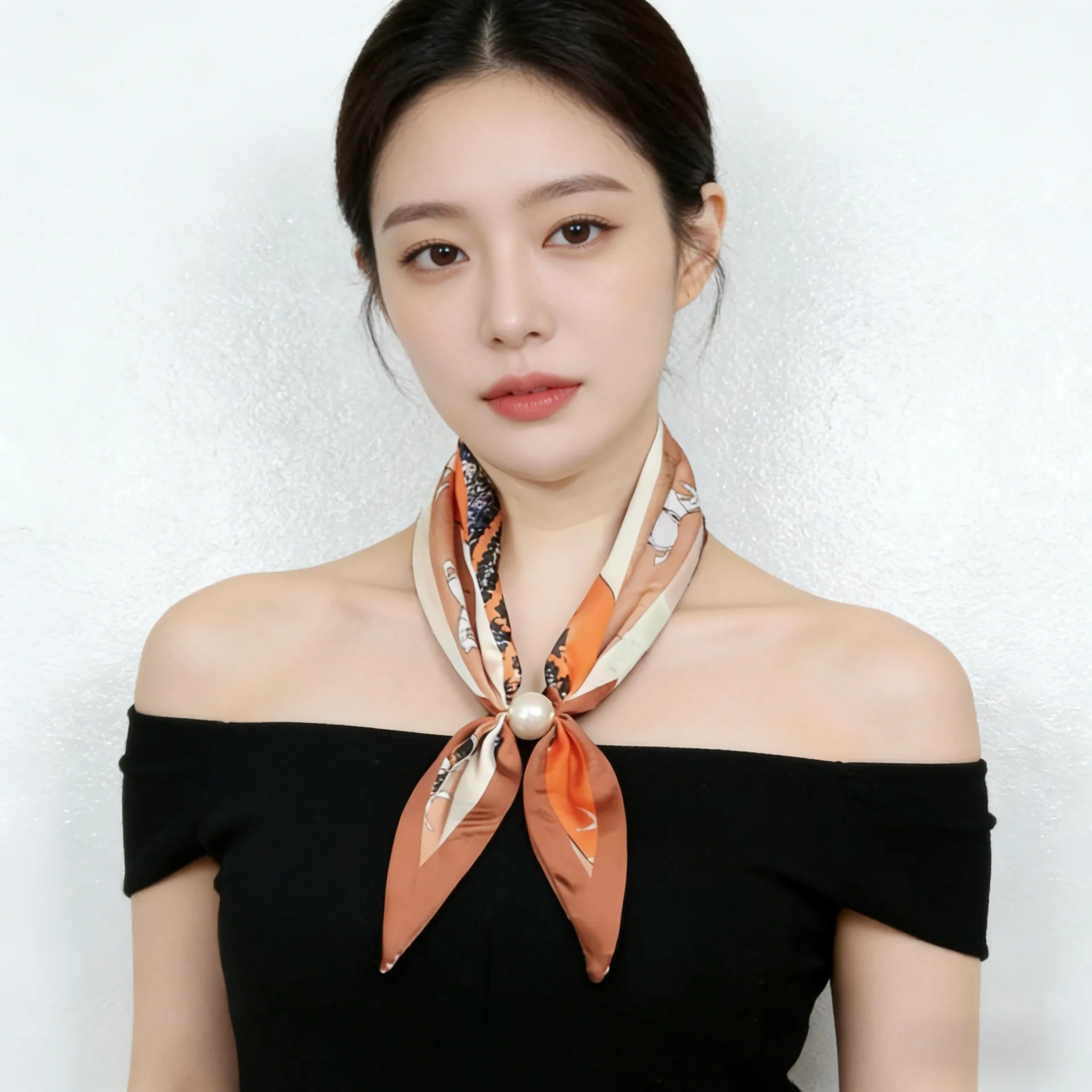 Luxury Design Magnetic Button Summer Silk Scarf Women Magnetic Pearl Necklace Scarves High End Matching Shirt Scarves Ladies