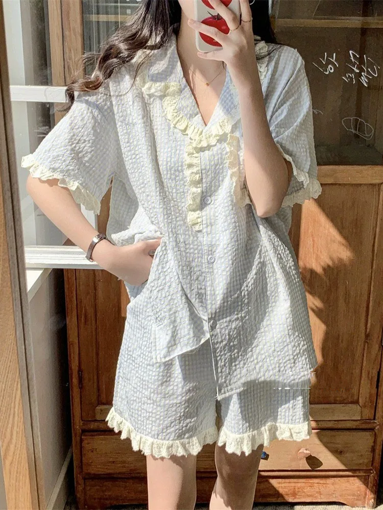 

Korean Minimalist Plaid Short Sleeved Shorts Pajamas For Women Summer New Cardigan Lace Thin Sleepwear Casual Female Nightgown