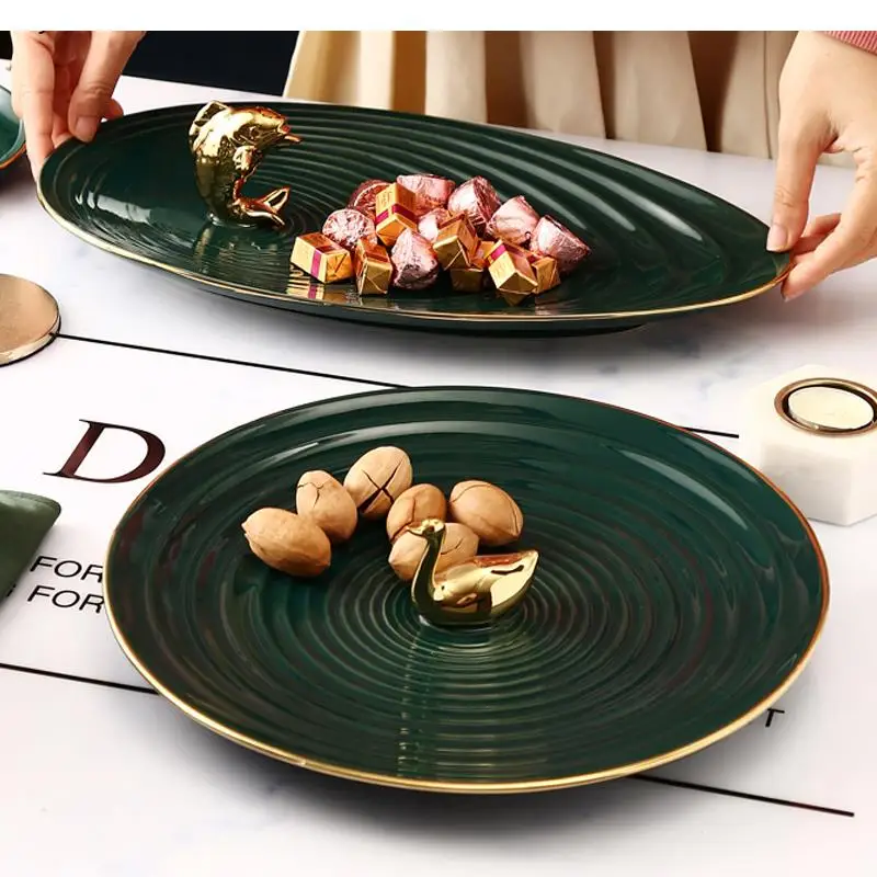 

Household Ceramic Round Storage Tray Fruit Plate Nordic Living Room Salad Snack Dried Fruit Display Plate Home Table Decoration