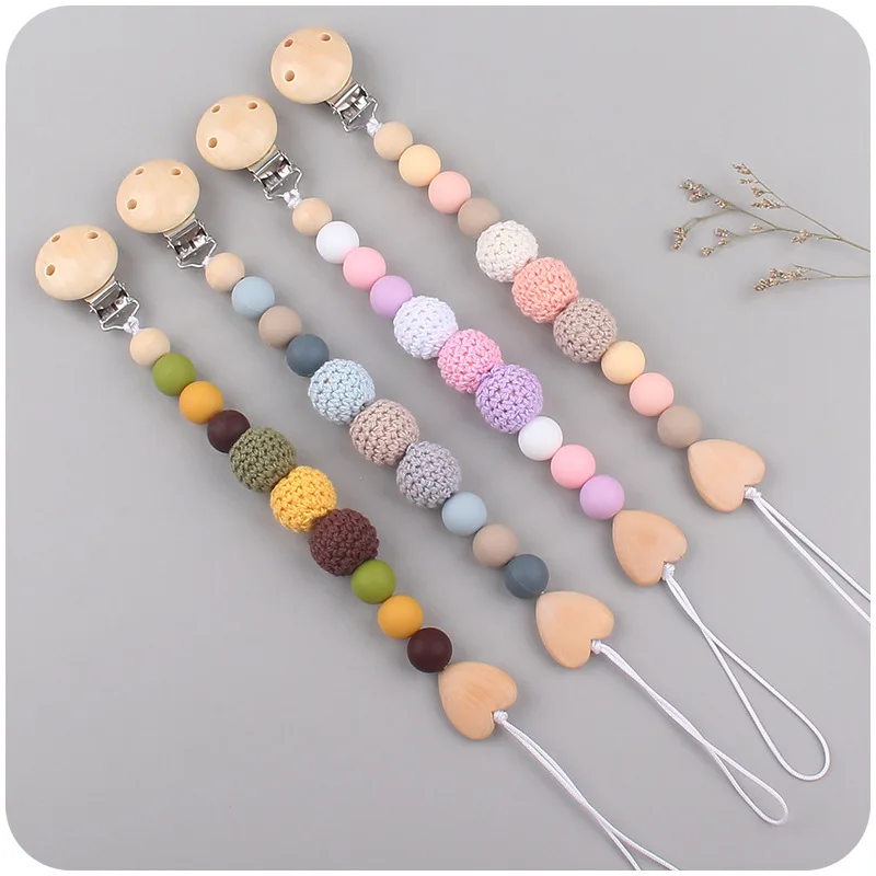 Pacifier Clip Baby Wooden Teethers Bracelet Set Silicone Beads Babies Soothe Nipple Teething Toys Anti-lost Chain Newborn