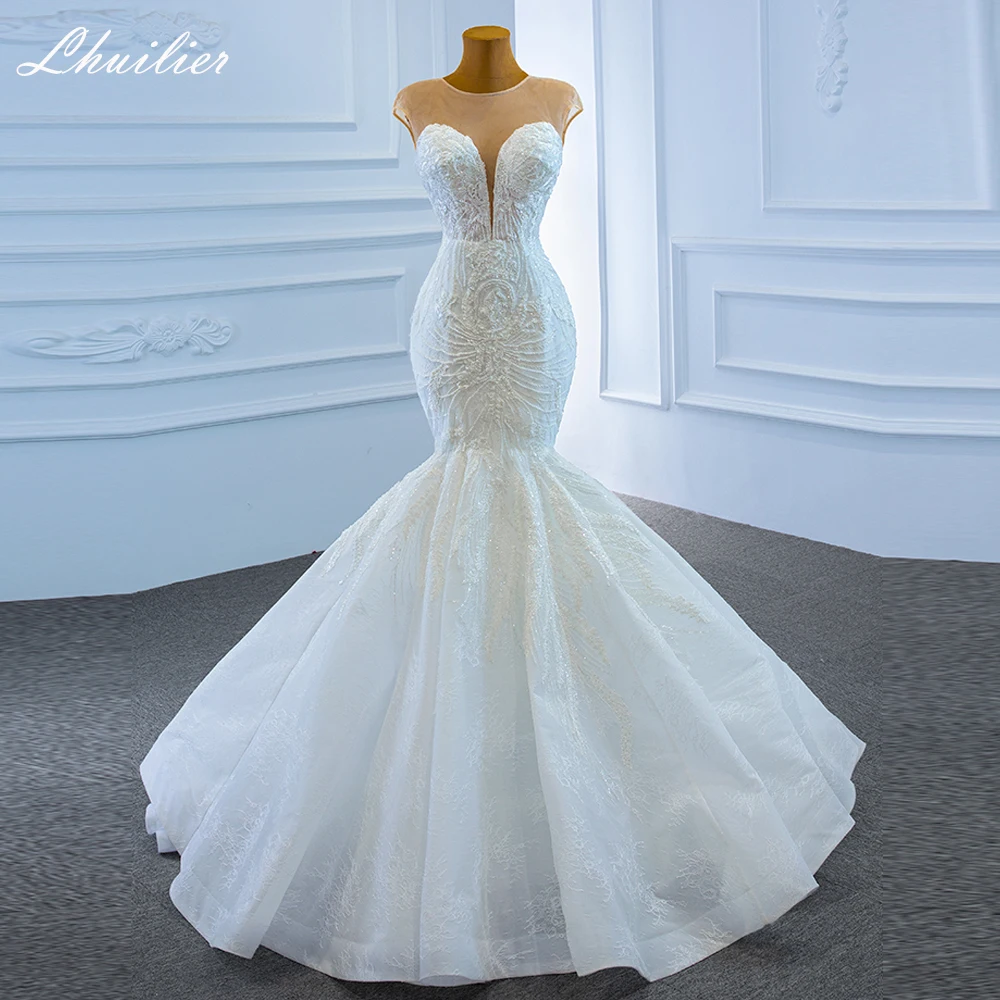 

Lhuilier Lace Mermaid Wedding Dresses O-Neck Sleeveless Floor Length Beaded Bridal Gowns with Court Train
